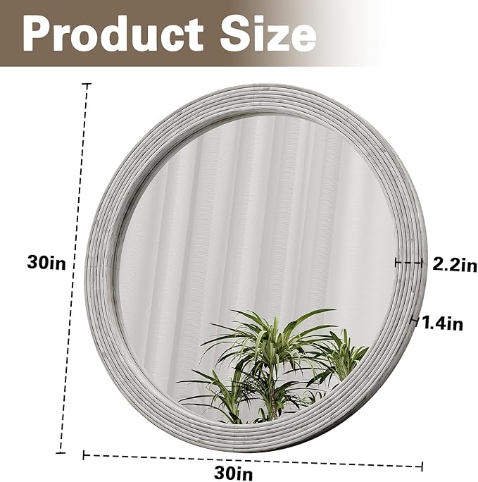 ULIKE Round Mirror for Bathroom 30x 30 Inch, Farmhouse Rustic Wood Frame Wall Mirror, White Vanity Circle Mirror for Bedroom Living Room Entryway Decor
