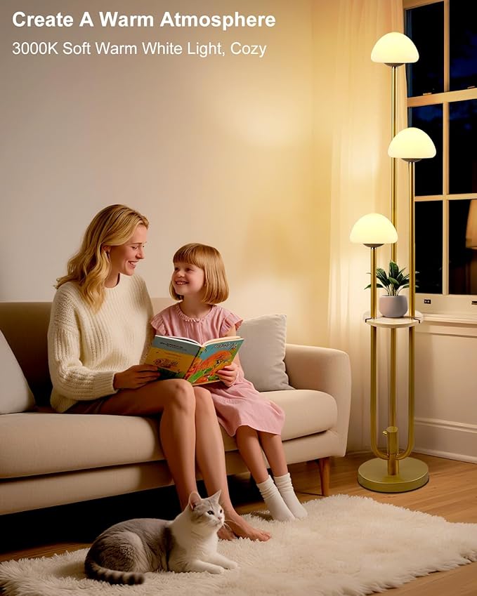 Gold Dimmable Floor Lamp with Table, Modern Floor Lamps with Mushroom Shades for Living Room, 3000K Warm White Tall Standing Lamp with Bulbs& 5Lbs Heavy Base for Bedroom/Office