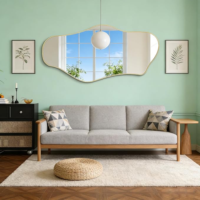 Irregular Mirror Full Length, 63.4"x29" Large Asymmetrical Mirror with Gold Metal Frame, Modern Abstract Wall Mirrors for Living Room Bedroom Entryway, Hangs Vertically or Horizontally