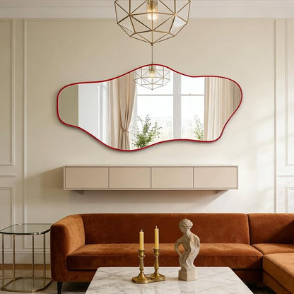 Irregular Mirror Full Length, 67"x31" Red Asymmetrical Tempered Glass Mirror, Large Organic Frameless Wall Mirrors for Living Room Bedroom Hallway Entryway, Horizontal or Vertical Hanging