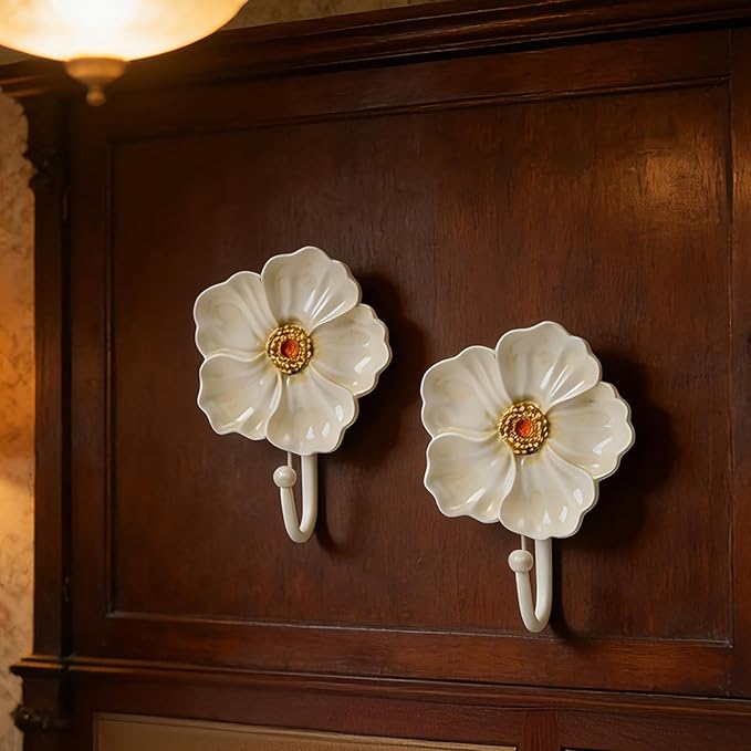 Guichifun Flower Coat Hooks Wall Decor - 2pcs Resin White Decorative Wall Hooks for Hanging Clothes Coats Towels Keys Bags Hats Bathroom Home Decoration Gift 4.3 x 2.2 x 6 Inch