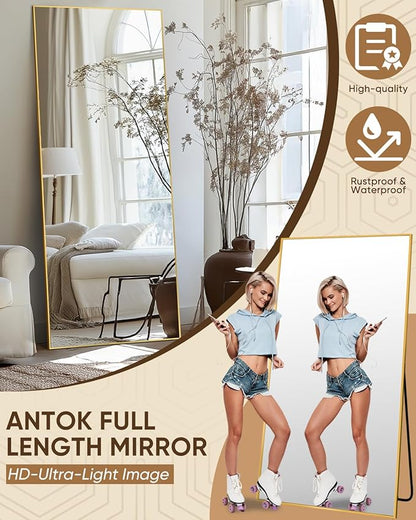 Antok Full Length Mirror, 71"x28" Floor Mirror, Floor Standing Freestanding Full Body Mirror with Stand for Bedroom, Hanging Mounted for Living Room Cloakroom, Gold