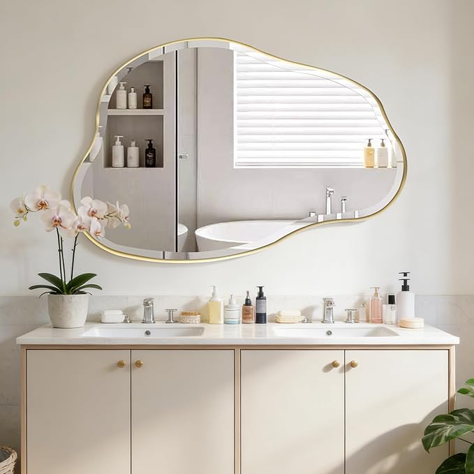 POZINO Irregular Beveled Mirror, 42"x28" Asymmetrical Bathroom Vanity Mirror with Gold Metal Frame, Cloud Shaped Wall Mirrors for Living Room Bedroom Hallway Entryway, Horizontal/Vertical Hanging