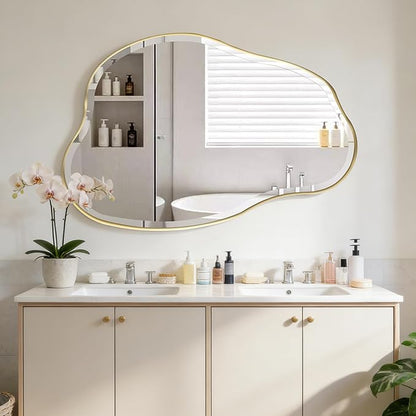 POZINO Irregular Beveled Mirror, 42"x28" Asymmetrical Bathroom Vanity Mirror with Gold Metal Frame, Cloud Shaped Wall Mirrors for Living Room Bedroom Hallway Entryway, Horizontal/Vertical Hanging