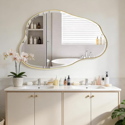 POZINO Irregular Beveled Mirror, 42"x28" Asymmetrical Bathroom Vanity Mirror with Gold Metal Frame, Cloud Shaped Wall Mirrors for Living Room Bedroom Hallway Entryway, Horizontal/Vertical Hanging
