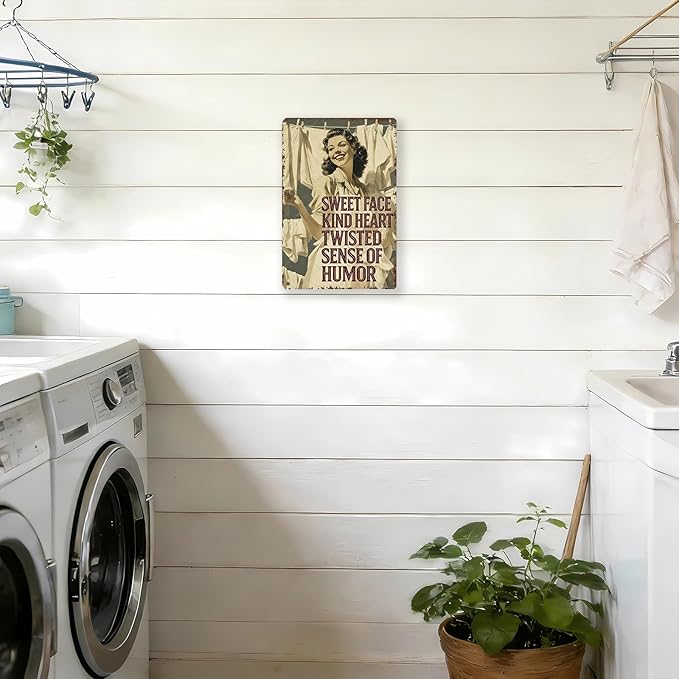Laundry Room Wall Decor Sweet Face Kind Heart Twisted Sense Of Humor Metal Tin Sign Farmhouse Rustic Art Plaque Rustic Laundry Decor 12x8 Inch