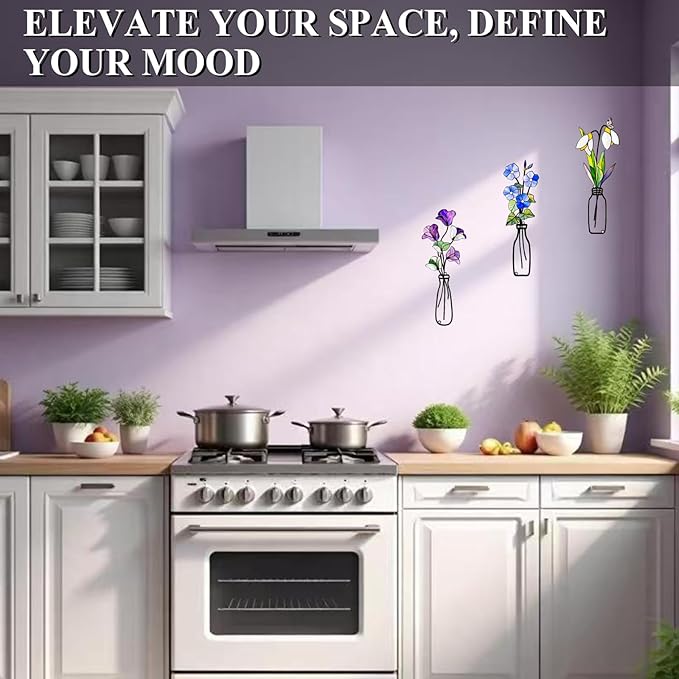 Fanjashn 3 Pcs Metal Flowers Wall Arts, Floral Art Wall Decor, Minimalist Flower Wall Decor for Living Room, Bathroom, Bedroom, Kitchen and Dining Room