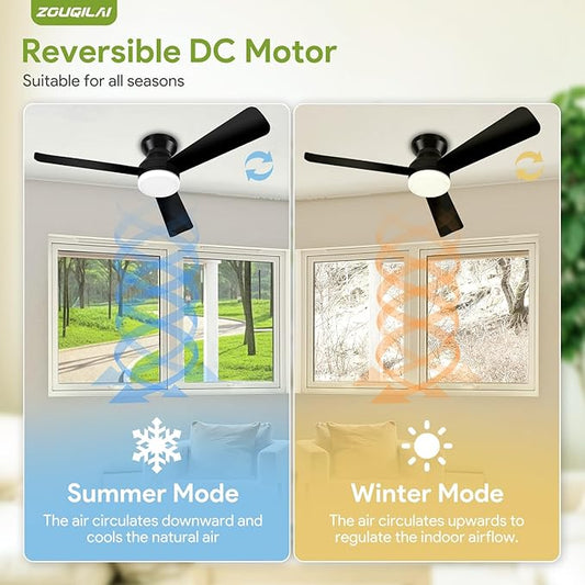 Ceiling Fans with Lights - 42 Inch Low Profile Ceiling Fan with Light and Remote, Reversible DC Motors, 3CCT Dimmable Timer Noiseless, Black Flush Mount Ceiling Fan for Bedroom/Living Room