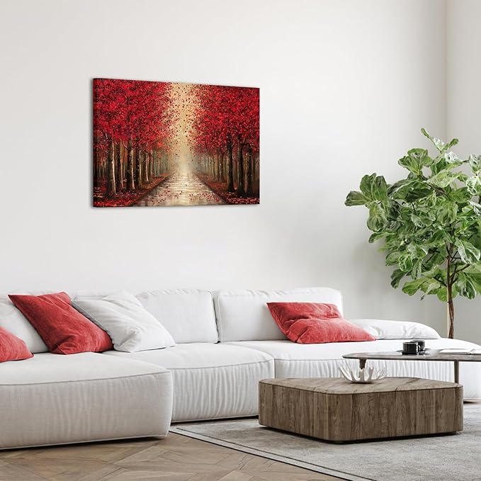 NutArtPic Forest Path Canvas Wall Art Red Tree Painting Black Red Landscape Art Prints Fantasy Tree Artwork Nature Pictures Prints 24''x36''
