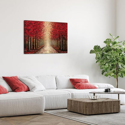 NutArtPic Forest Path Canvas Wall Art Red Tree Painting Black Red Landscape Art Prints Fantasy Tree Artwork Nature Pictures Prints 24''x36''