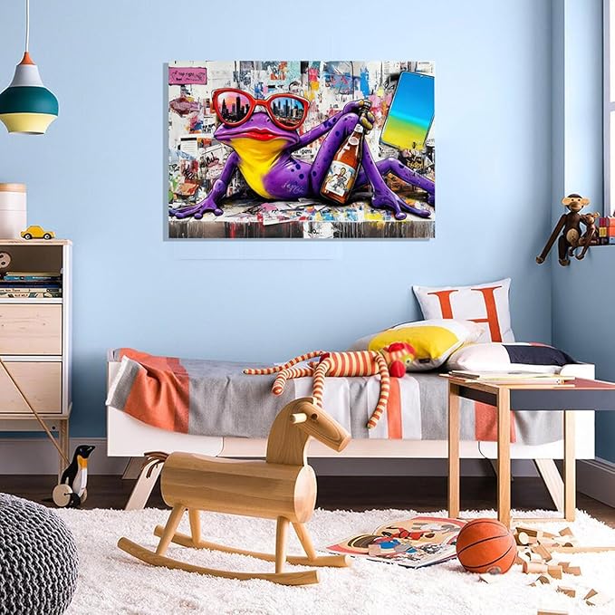 16x24 Urban Graffiti Purple Frog with Sunglasses Wall Art Canvas Painting Gallery Pop Art Street Artwork Decor Teen Little Boys Room Pictures Kids Bedroom Framed Posters for Men Office Living room