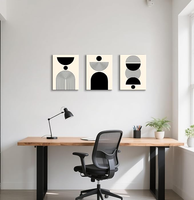 WENGTIAO 3Pcs Boho Abstract Canvas Wall Art,Neutral Minimalist Geometric Line Wall Painting Mid Century Beige Black Art Modern Prints Bohemian Home Decor for Bedroom Living Room Hallway Office 12"X16"x3