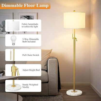 Qingmiao Gold Floor Lamps for Living Room, 55"-67" Height Adjustable Modern Tall Lamp, 3-Way Dimmable Standing Lamp for Bedroom Office Reading Corner Home Decor, New House Warming Gifts