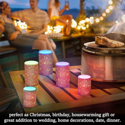 Valentines Lights Flameless Candles Valentines Glden Red Hearts Pillar Candles Set of 2 Battery Operated Remote Control Warm Lights Home Decor
