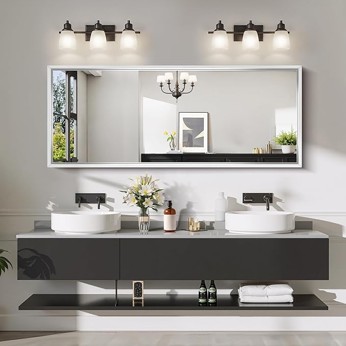 CIRCUMI 60"x24" Brushed Silver Mirror with Chunky Box Metal Frame, Bathroom Mirror for Vanity Remodel & New Home, Living Room, Entryway, Rectangular Wall Mirror, Tempered Glass, Vertical or Horizontal