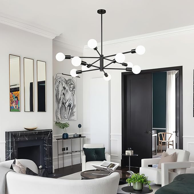 10.9"-52.3" Height Adjustable Sputnik Chandeliers Dining Room Light Fixture (10-Light, 32-Inch), Modern Black Chandelier, Mid Century Modern Chandeliers for Dining Room Kitchen (Bulbs Not Included)