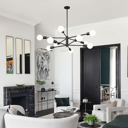 10.9"-52.3" Height Adjustable Sputnik Chandeliers Dining Room Light Fixture (10-Light, 32-Inch), Modern Black Chandelier, Mid Century Modern Chandeliers for Dining Room Kitchen (Bulbs Not Included)