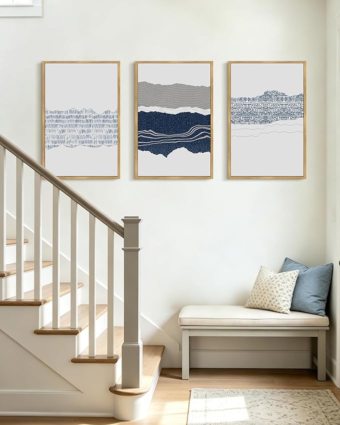 PHOPAGO Navy Blue Abstract Framed Wall Art Large 16x24in Mid Century Minimalist Boho Wall Decor Modern Neutral Farmhouse Rustic Art Bedroom Living Decor - Natural Framed