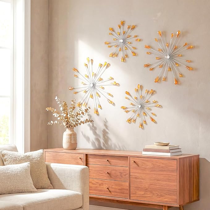 ZEXUIRU 4 Pcs Orange Starburst Wall Decor Metal Bling Wall Art Crystal Accents 3D Modern Decoration Glam Hanging Sculptures for Living Room Bedroom Office Teen Girl Room – Easy to Hang Home Decor Set