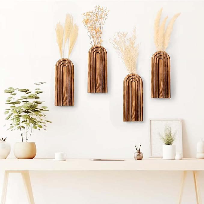Ziliny 4 Pack Wall Planter Indoor Decor Plant Holders Boho Wood Hanging Vases for Modern Farmhouse Living Room Bedroom Rainbow Decor (Dark Brown)