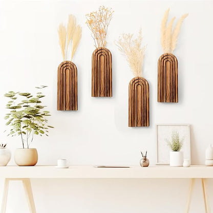 Ziliny 4 Pack Wall Planter Indoor Decor Plant Holders Boho Wood Hanging Vases for Modern Farmhouse Living Room Bedroom Rainbow Decor (Dark Brown)
