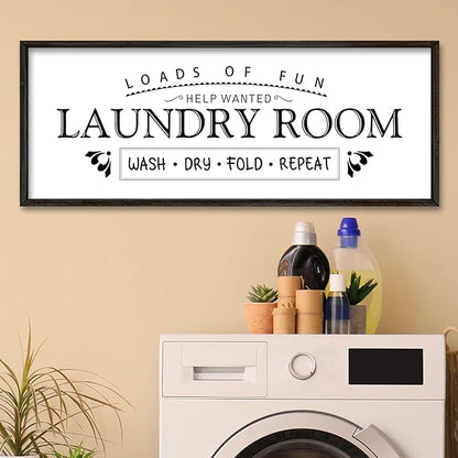 Wash Dry Fold Repeat Wall Decor Art 40"X15" Laundry Room Sign Funny Bathroom Laundry Rules Large Wood Framed Wall Hanging (Black)