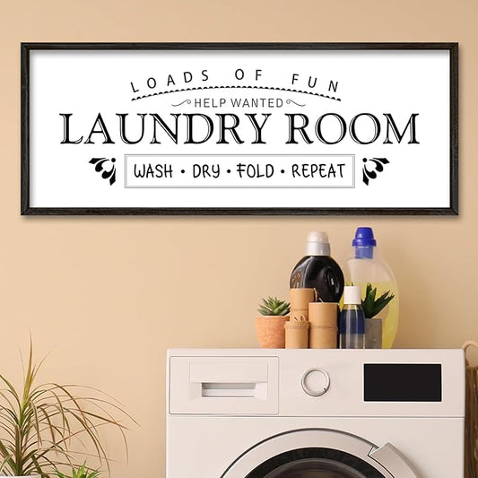 Wash Dry Fold Repeat Wall Decor Art 40"X15" Laundry Room Sign Funny Bathroom Laundry Rules Large Wood Framed Wall Hanging (Black)