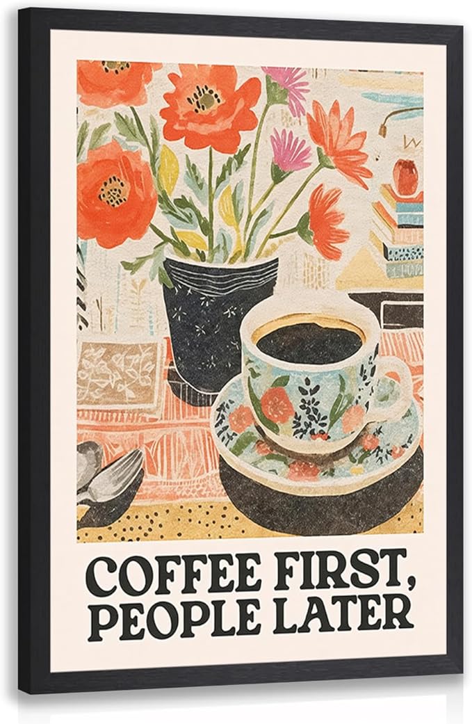 GELDSTEI Wood Framed Retro Coffee Wall Art, Vintage Cafe Wall Decor, Coffee First People Later Canvas Painting, Classical Cafe Bar Poster Print for Kitchen Dining Room Home Office 12x16 Inch
