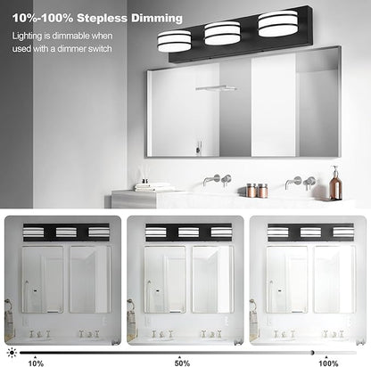 GOODATE 3 Color Temperature Dimmable Bathroom Light Fixtures Over Mirror, LED Black 3 Light Vanity Lighting Fixtures, Acrylic Stainless Steel Oval Shade Vanity Lights for Bathroom, ETL Certificated