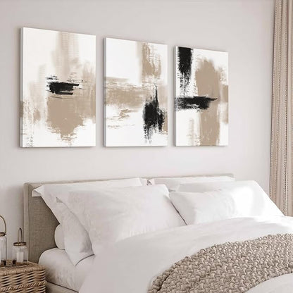 Beige Abstract Wall Art Painting Set of 3 Neutral Canvas Wall Art Prints Black Beige Modern Wall Decor Minimalist Art Pictures Abstract Modern Artwork for Room Bedroom 12x16 Inch Framed