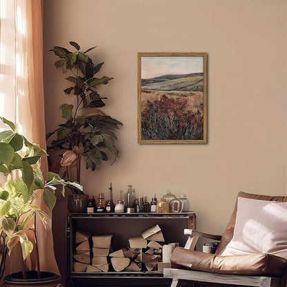 Moody Landscape Wall Art Vintage Wildflower Wall Decor Painting Cottagecore Nature Botanical Flower Picture Artwork 3D Textured Hand Drawn Sandstone for Living Room Bedroom 24x36 inch Wood Framed