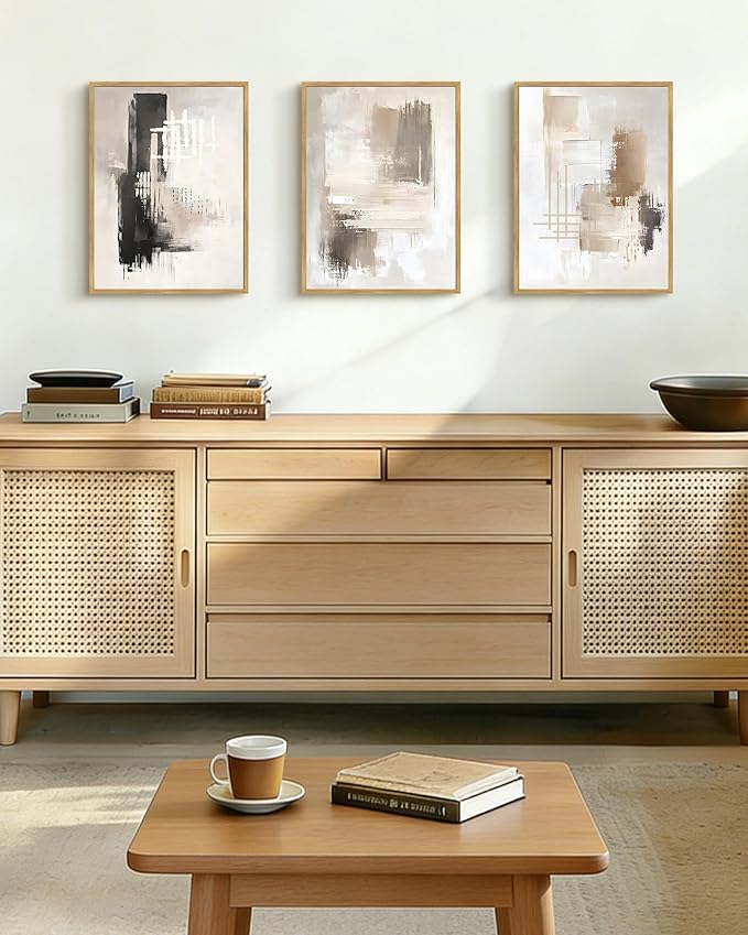 PHOPAGO Modern Abstract Framed Wall Art Mid Century Minimalist Beige Pastel Neutral Wall Decor for Kitchen Bathroom - 11x14in Natural Framed