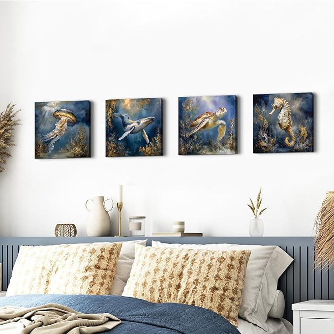Ocean Animals Wall Art Sea Turtle Whale Seahorse Jellyfish Pictures Beach Coastal Room Decor Nautical Paintings Canvas Prints for Bathroom Under Sea World Posters Artwork Decoration 12x12” 4Pcs