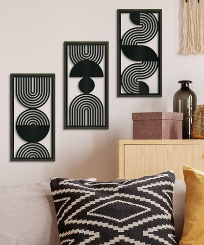 Putuo Decor Modern Minimalist Wall Art Set of 3, Black and Gray MDF Cut-Out Geometric Line Panels, Abstract Vertical Art for Living Room Bedroom Office Wall Decor