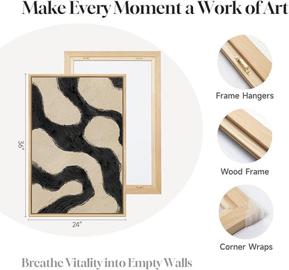 Framed Neutral Abstract Wall Art for Living Room, 3 Piece Black and Beige Mid Century Modern Painting Print, Large Line Canvas Artwork for Dining Room Bedroom Hallway Office Walls Decor, 24x36 Inch
