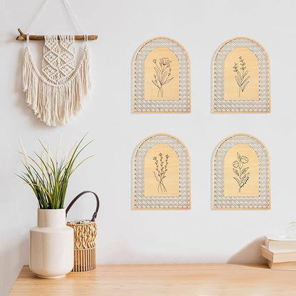 Wesiti 4 Pcs Rattan Wooden Boho Wall Decor Floral Natural Room Wall Art Aesthetic Nursery Farmhouse Hanging Decor for Bedroom Living Room Office