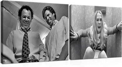 Framed Funny Movie Bathroom Canvas Wall Art Set of 2 – Black and White Vintage Comedy Movies Wall Decor, Humor White Chicks Posters Prints for Bathroom Toilet Humour Signs – 16x24in