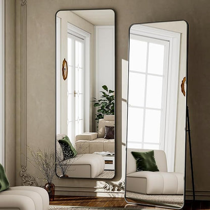 VooBang Round Corner Mirror Full Length, 66" x 23" Floor Mirror with Stand, Matte Aluminum Alloy Frame Full Body Mirror, Standing Hanging or Leaning for Bedroom and Living Room, Black