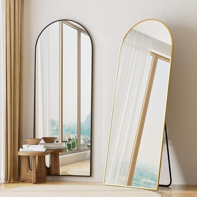 Degfig Arched Full Length Mirror, 64"x21" Floor Standing Mirror with Stand for Living Room, Bedroom, Entryway, Black