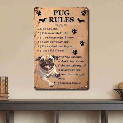Metal Sign Tin Sign Vintage Wall Art Pug Rules Bar Signs for Home Decor for Room 12×16 Inches