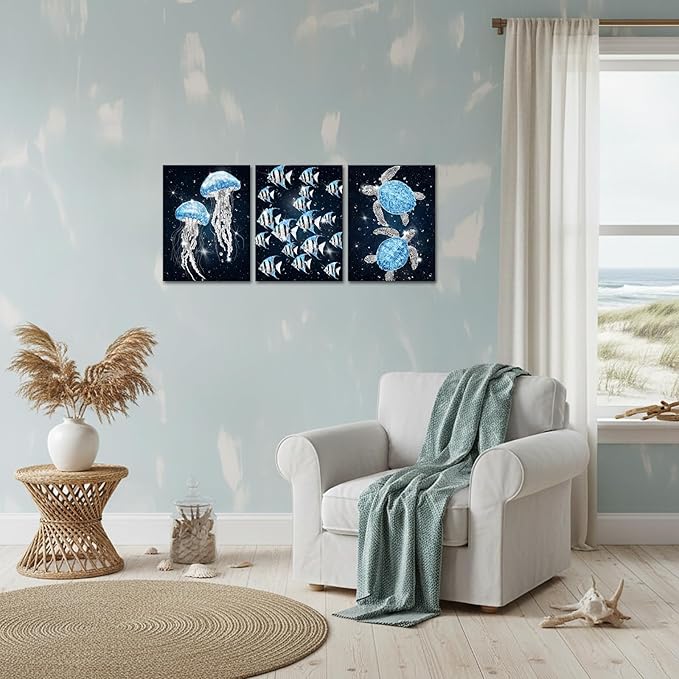 sechars Ocean Sea Life Wall Art Jellyfish Tropical Fish and Sea Turtles Pictures Modern Bathroom Nautical Decor (Blue)