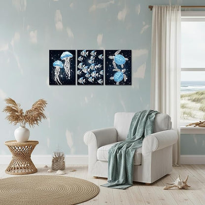 sechars Ocean Sea Life Wall Art Jellyfish Tropical Fish and Sea Turtles Pictures Modern Bathroom Nautical Decor (Blue)