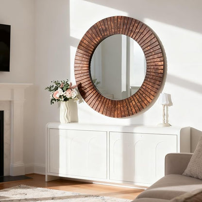 Vercraft 30" Round Wood Wall Mirror - Grooved Decorative Mirror for Entryway, Living Room Bathroom, Bedroom, Hallway
