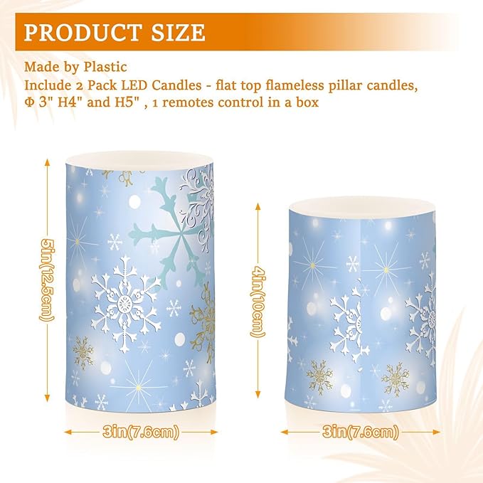 Christmas Lights Decorations Flameless Candles Christmas Silver Snowflake Pillar Candles Set of 2 Battery Operated Remote Control Warm Lights