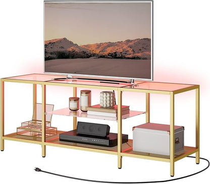 HOOBRO TV Stand with LED Lights and Power Outlets for TVs up to 65", Modern 55 Inch Tempered Glass TV Console Table with Open Shelves, Media Entertainment Center for Living Room, Gold GD145UDS01