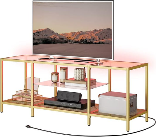 HOOBRO TV Stand with LED Lights and Power Outlets for TVs up to 65", Modern 55 Inch Tempered Glass TV Console Table with Open Shelves, Media Entertainment Center for Living Room, Gold GD145UDS01