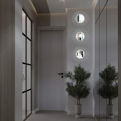 3 Set Sunburst Mirrors for Wall Decor Living Room Bedroom Bathroom Dining Room Metal Boho Sunburst Wall Mirror Set Gold Metal Vintage Circle Art Pack - Silver 11.8 in