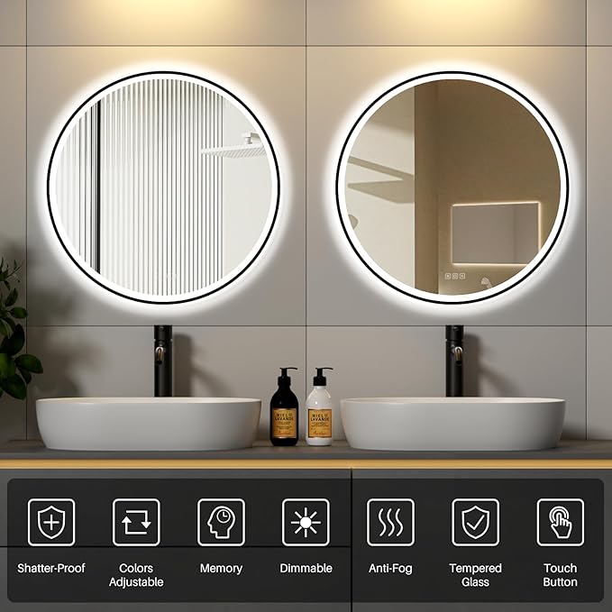 28 inches Round Aluminum Black Framed LED Mirror, Smart Bathroom Mirror with Lights, Anti-Fog, Tempered Glass, 3 Colors Dimmable, Front and Backlit, Wall Mounted, Memory