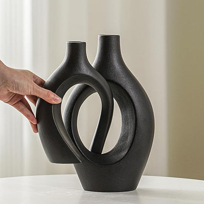Lvases Snuggle Hollow Modern Ceramic Vase Set of 2, Mid Century Nordic Aesthetic Decorative Vase Decorative Vases for Home Table Decor (Matte Black W 6.8" X H 11")