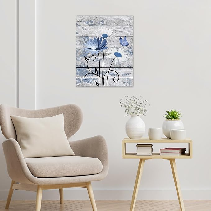 HVEST Vintage Floral Canvas Wall Art Blue and White Daisy Butterfly on Farmhouse Wooden Wall Decor for Bedroom, Country Wildflower Framed Wall Art for Living Room Office Home Decor,24L X 16W inches